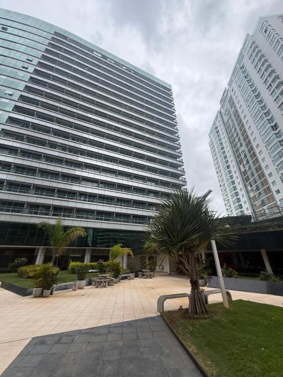 a large building with a palm tree in front of it at Vision Hotel - Flat Particular in Brasília
