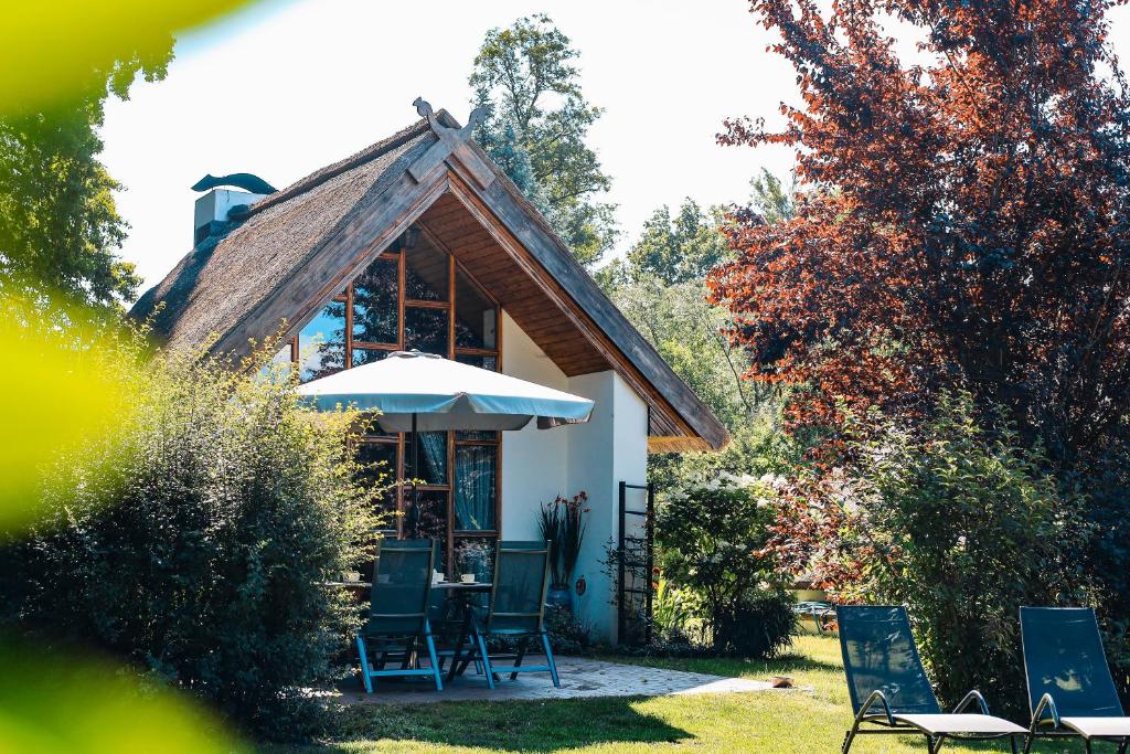 a house with chairs and an umbrella in the yard at Kauperhaus in Burg