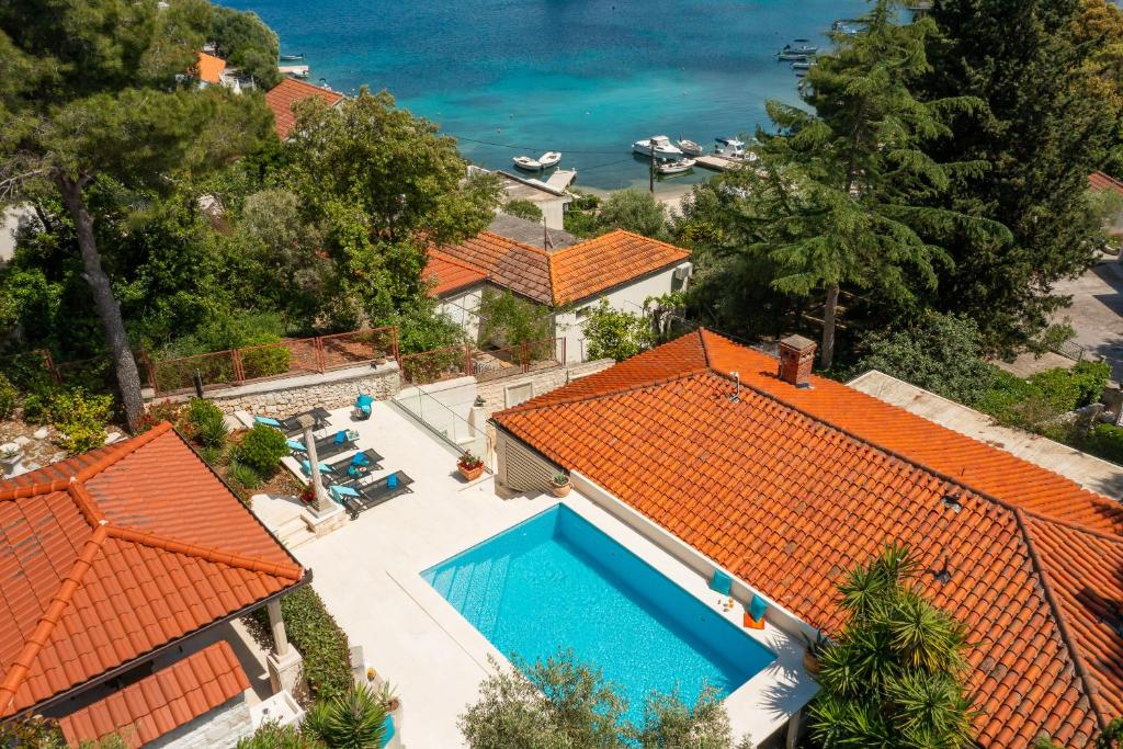 an aerial view of a house with an orange roof at Villa Nada - Unique & Artistic in Korčula