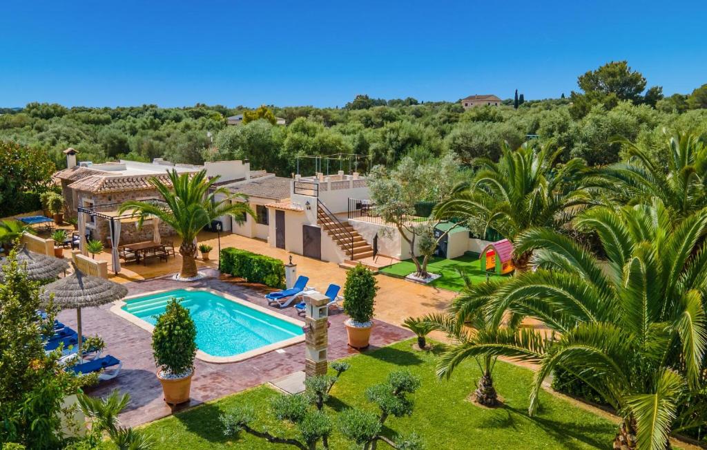 an aerial view of a house with a swimming pool and palm trees at Ca Na Pepa in Muro