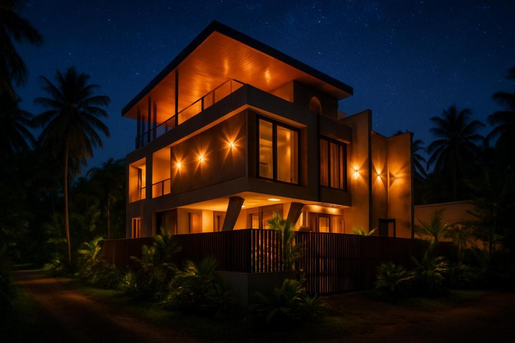 a house at night with lights on it at Sharvin Villa in Karaikal