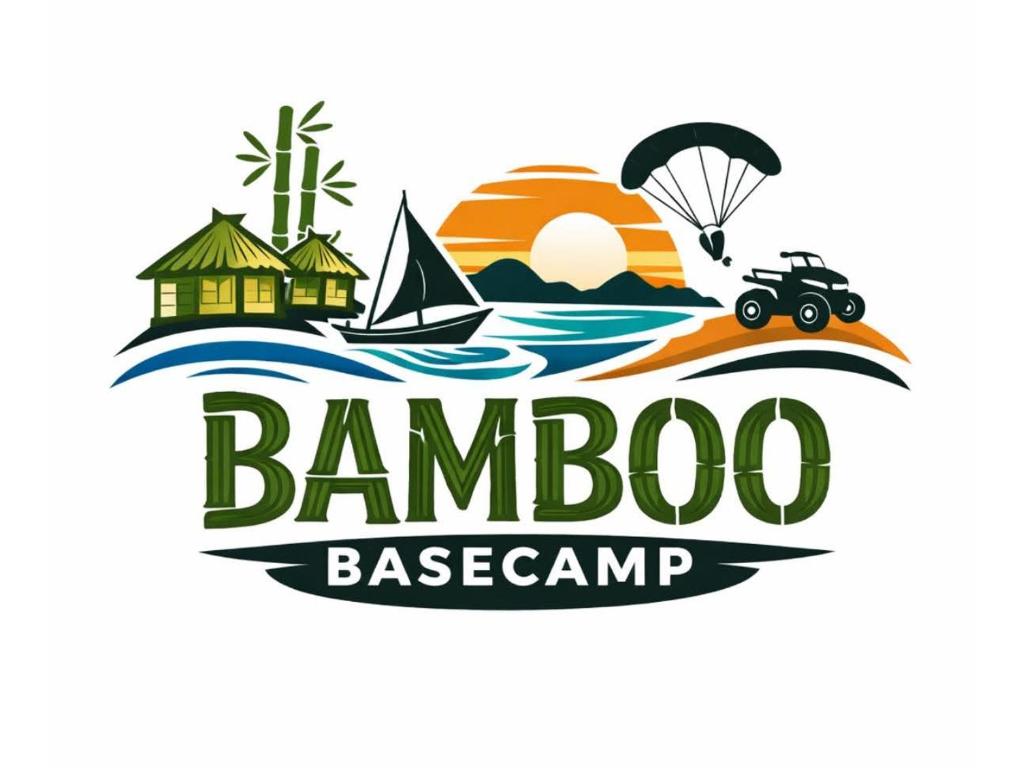 a logo for a brazilian island with a yacht and a motorbike at Bamboo Basecamp in El Nido