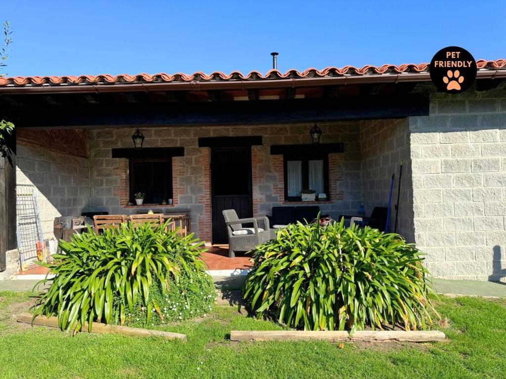 a patio of a house with two plants in the yard at Casa Lula 3 Pendueles LLanes AR-685-AS in Llanes
