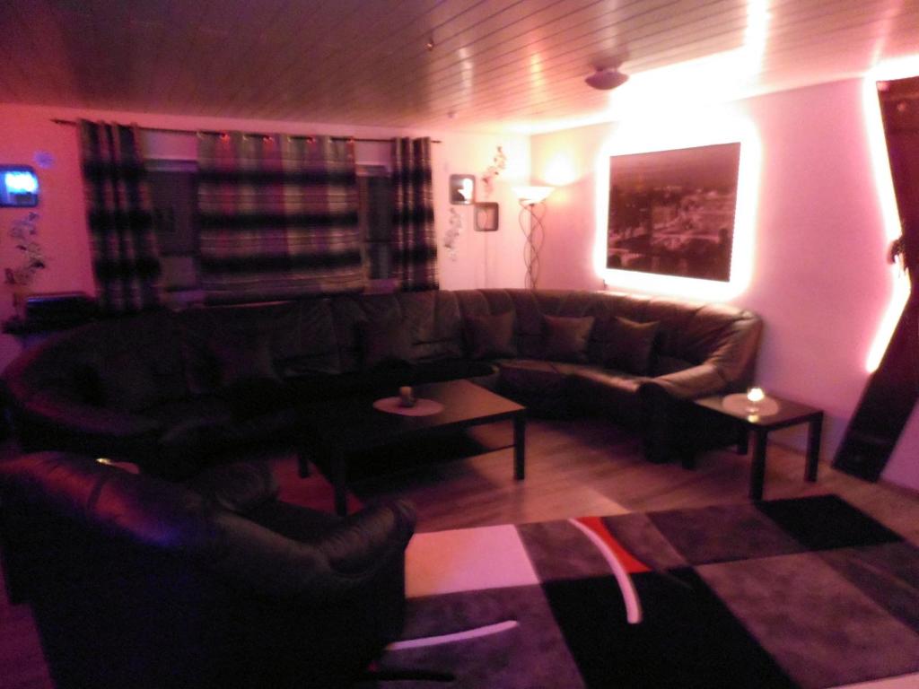 a living room with a brown leather couch and tables at Exclusiv-Mietapartment (BDSM)-Heidelberg in Heidelberg