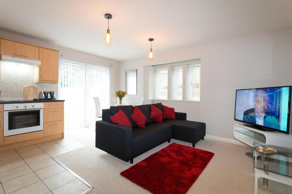 ein Wohnzimmer mit einem schwarzen Sofa und einem TV in der Unterkunft Beech Lodge Apartments, 2 Bed Apts close to Headington Hospitals in Oxford