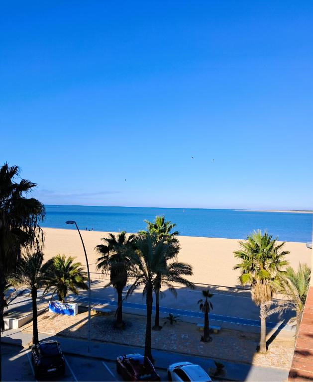 a view of a beach with palm trees and the ocean at PLAYA PASEO MARITIMo in Sanlúcar de Barrameda