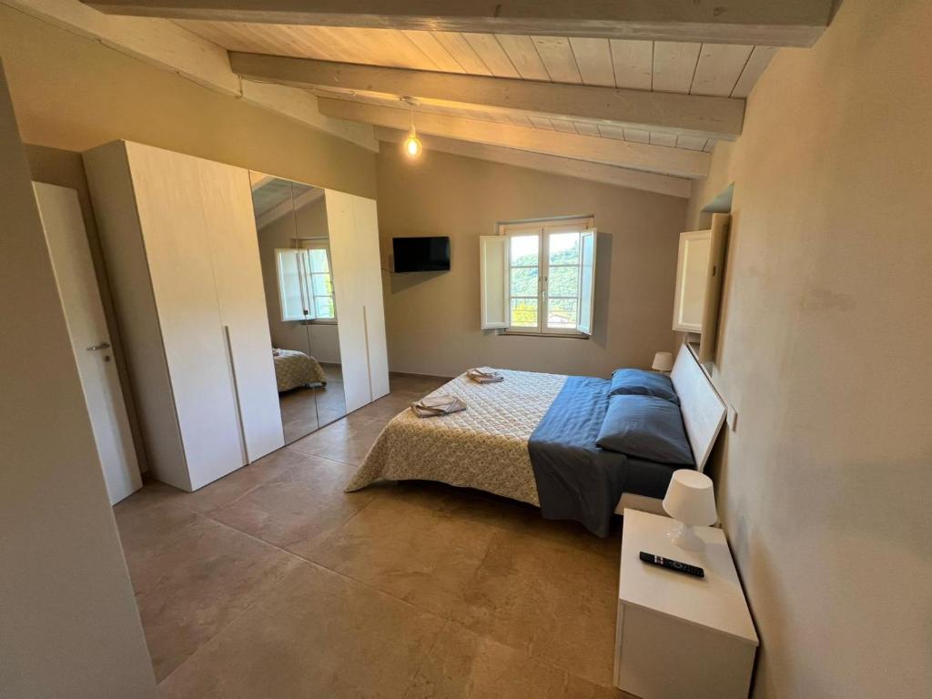 a large bedroom with a bed and a mirror at IL COLLE rooms in Lucca