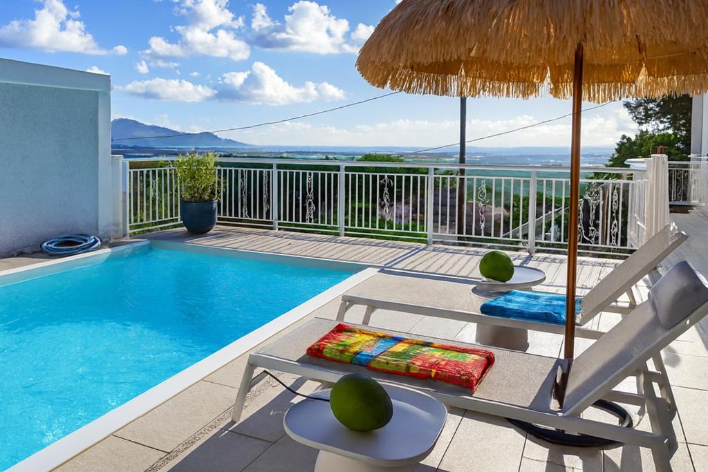a swimming pool with a chair and an umbrella at Appartements Des Roses in Le Lamentin