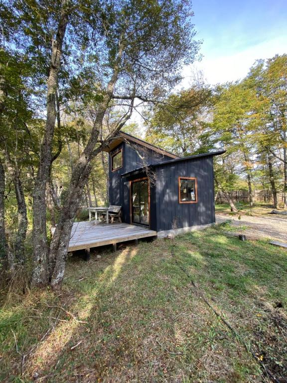 a blue tiny house with a wooden porch at Tiny House en Malalcahuello - Tranquilidad total in Malalcahuello