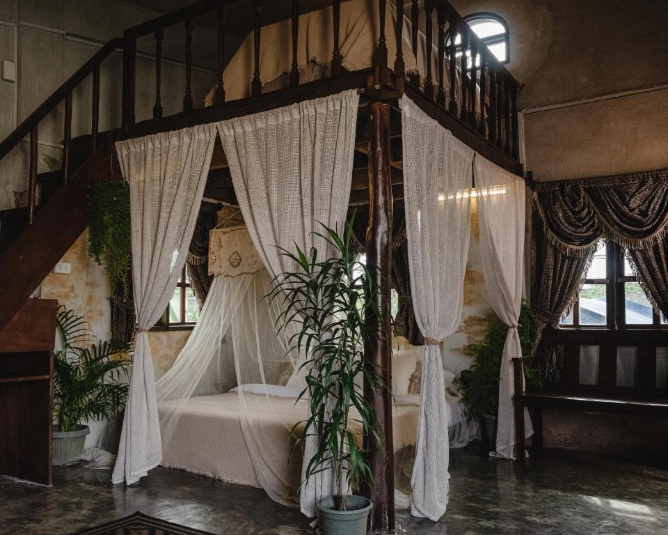 a bedroom with a bed with curtains and plants at Hayag in General Luna