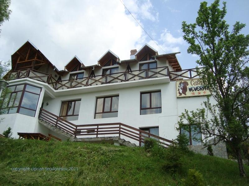 un bâtiment blanc au sommet d'une colline dans l'établissement Pensiunea Cabana Veverita Valea Doftanei, à Trăisteni