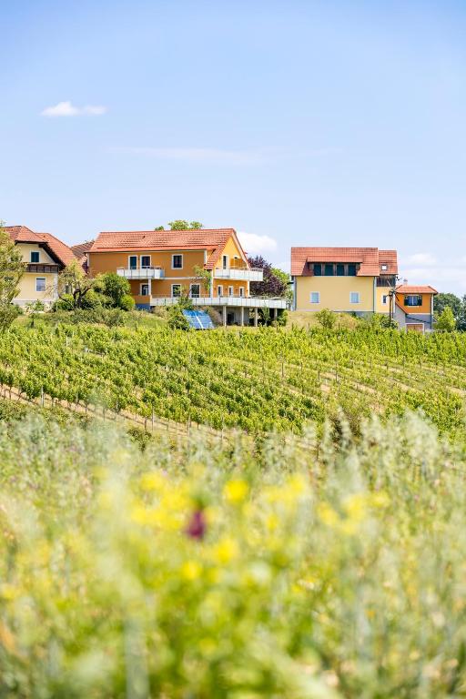 a group of houses in a field with flowers at Weinhof Reichmann in Sankt Peter am Ottersbach