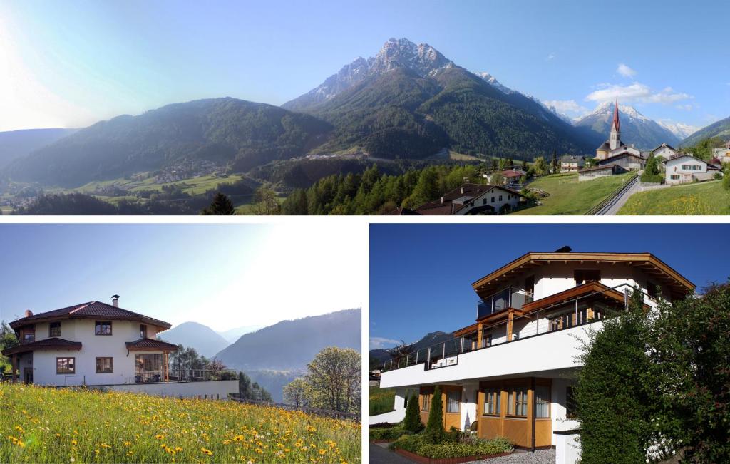 a collage of three pictures of houses and a mountain at Haus Nikola in Telfes im Stubai