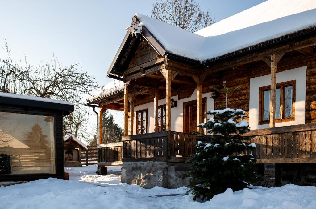 a log cabin in the snow at The Forest Nest in Dealu Armanului