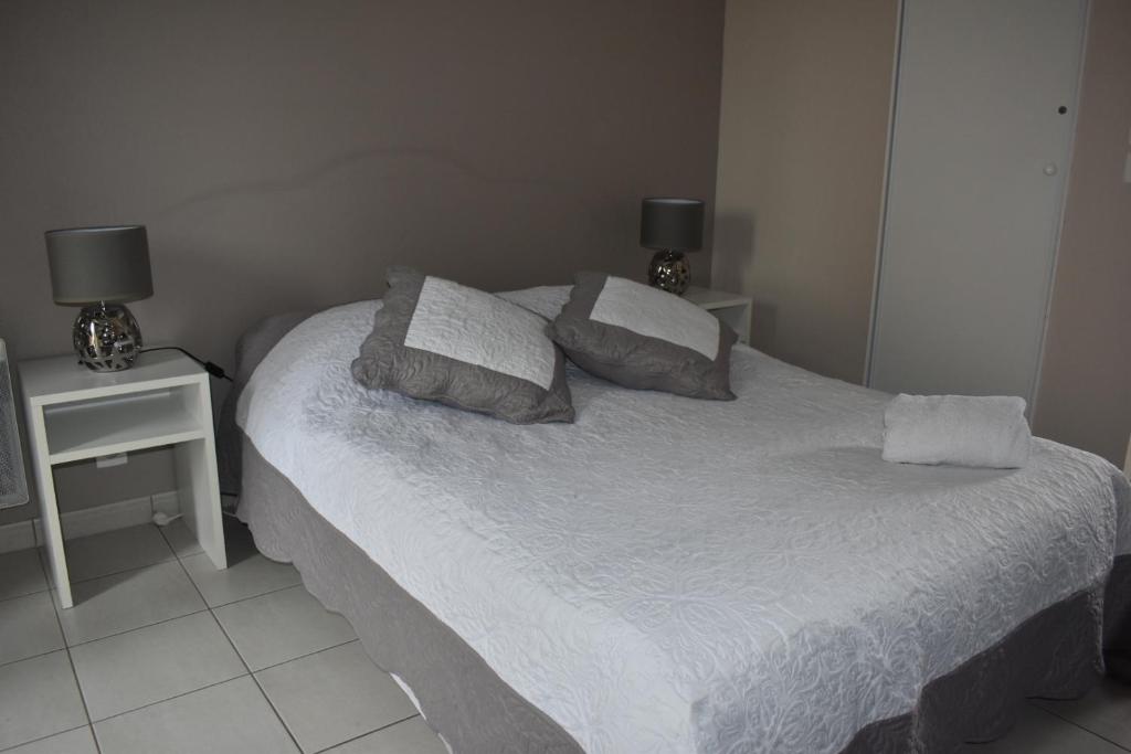 a bedroom with a bed with two pillows on it at Carpe Diem 2 in Goutrens
