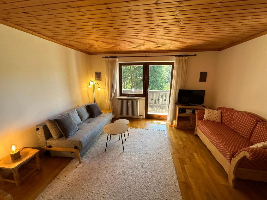 a living room with a couch and a tv at Gemütliche Ferienwohnung mit Blick ins Grüne in Zwiesel