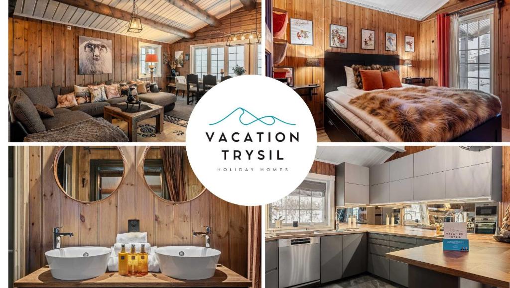 a collage of pictures of a hotel room with a bedroom at TH589- Large ski-in out chalet in Trysilfjell with sauna, hottub in Hovi