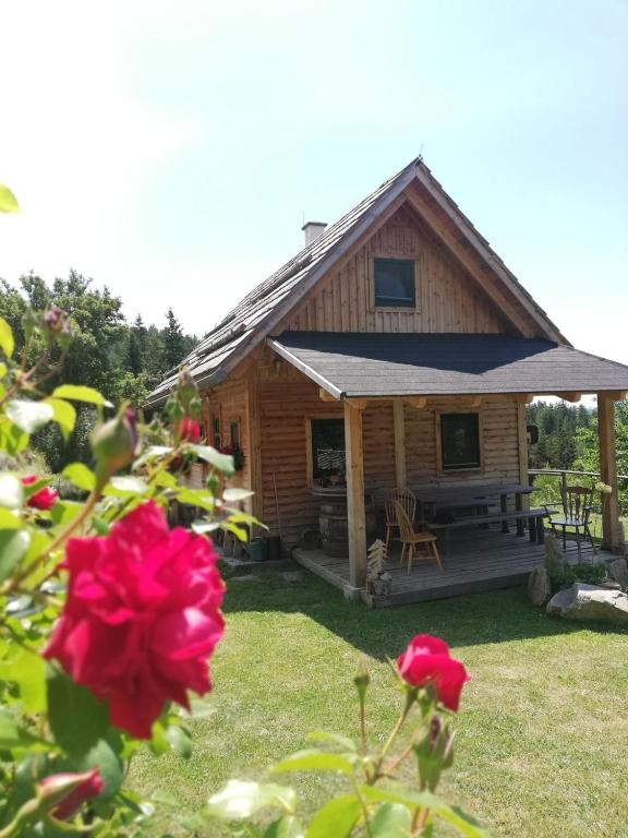 a log cabin with a deck and a red rose at Götschlhütte in Bad Sankt Leonhard im Lavanttal