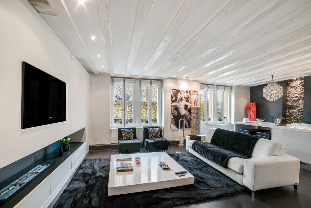 a living room with a couch and a tv at Fontaine in Geneva