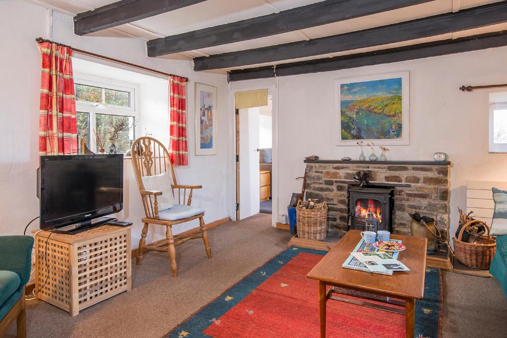 a living room with a tv and a fireplace at 1 Caerau Isaf in Haverfordwest