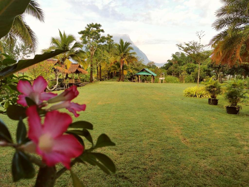 a green yard with a pink flower in the foreground at Wichouda Cottage - Self Check-in in Chiang Dao