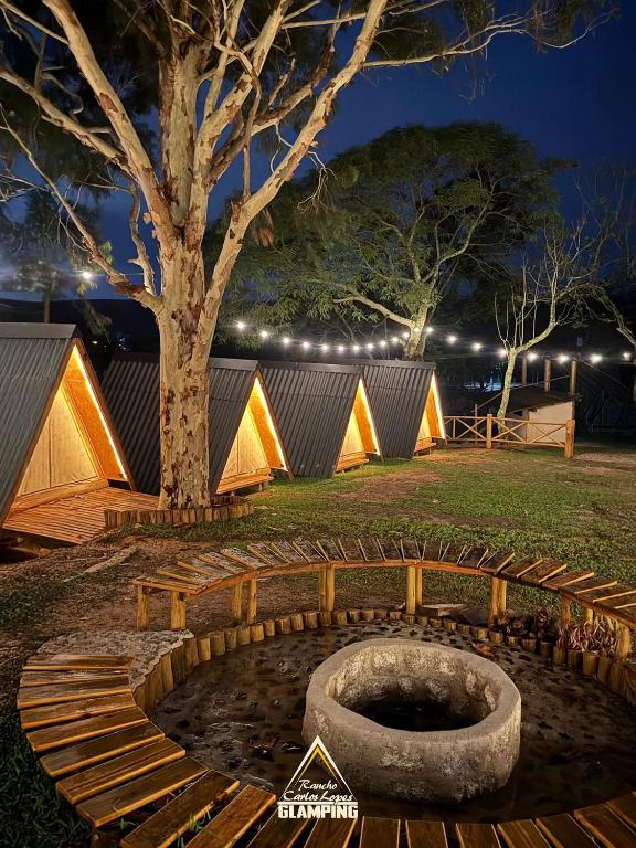 a fire pit in front of a tree at night at Glamping in Lavrinhas