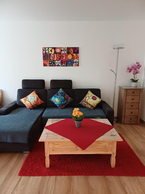 a living room with a couch and a coffee table at Charme Appartment in Freiburg im Breisgau
