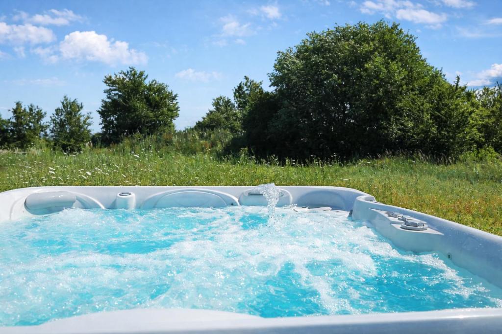 a jacuzzi tub with water in a field at Villa Silbermöwe in Trent