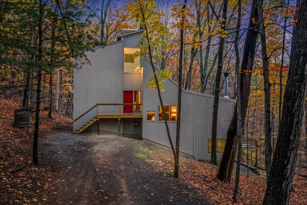a house in the woods in the middle of the forest at Black Forest - Wifi, Pet Friendly, Grill, Deck, Screen Porch, Family Friendly, Fireplace, Pool Access, Hiking in Berkeley Springs