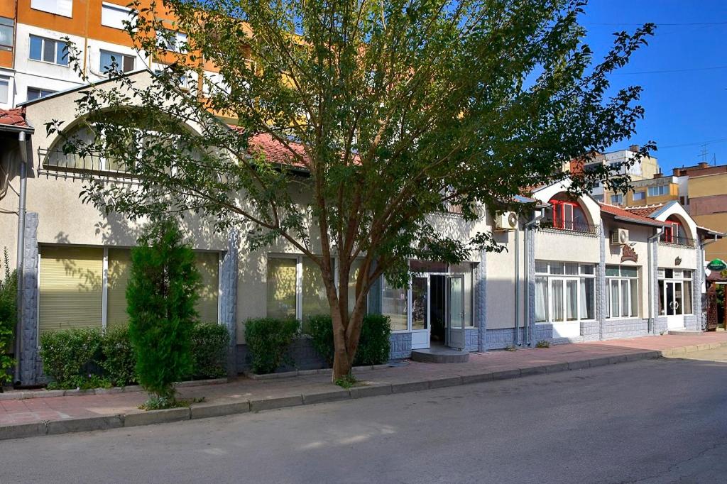 un árbol al lado de una calle al lado de un edificio en Vival Hotel, en Vidin