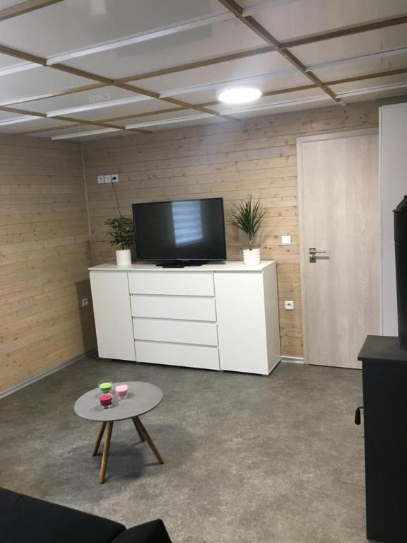 a living room with a tv and a coffee table at Chata Bítov in Bítov