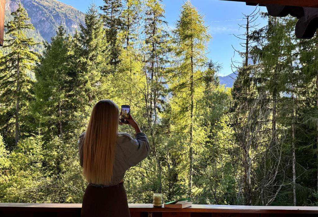 a woman taking a picture of the mountains from a window at Peacefull Mountains View in Kandersteg