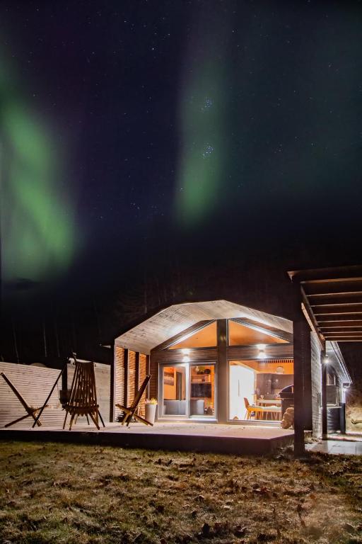 an igloo house with the aurora in the sky at Unique Hideaway by Krøderen - Beach, Boat & Hiking in Ørgenvika