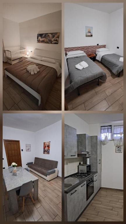 four pictures of a bedroom with beds and a kitchen at Residenza Mazzini in Avezzano