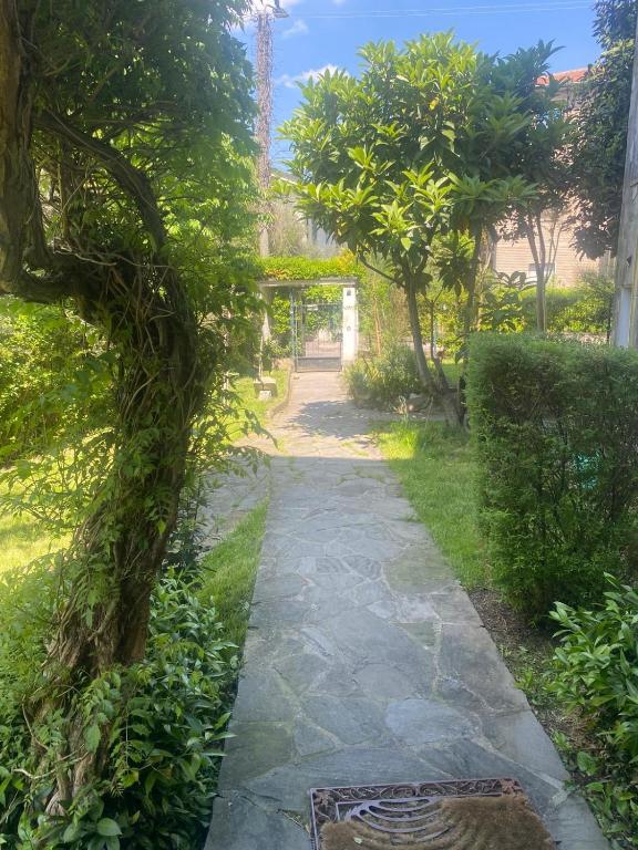 a path through a garden with trees at da Melina in Parma