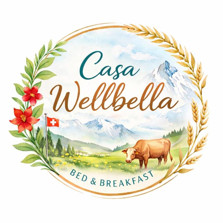a logo for casa wellbelia with a cow and mountains at Casa Wellbella in Unterkulm