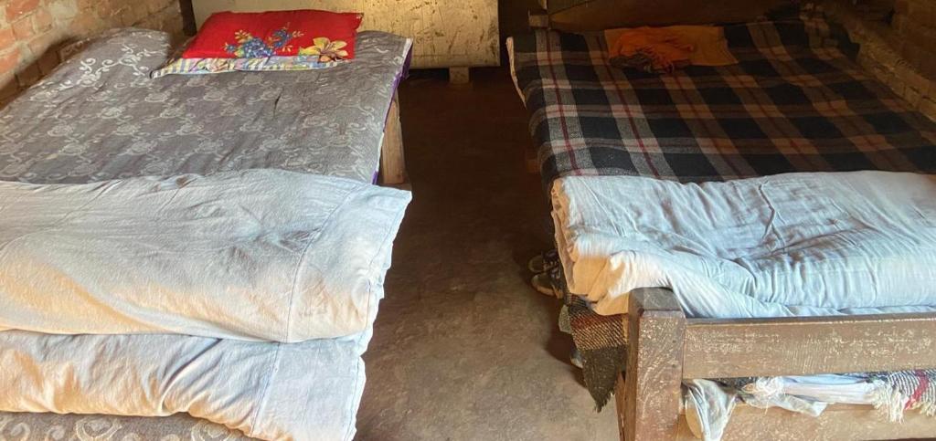two beds sitting next to each other in a room at Anurag singh homestay in Gaura Umarni