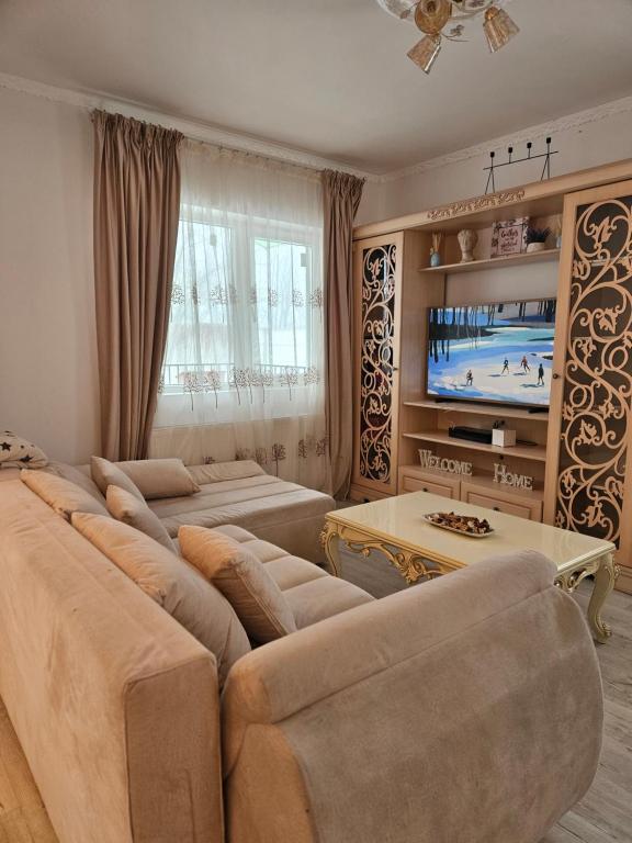 a living room with two couches and a television at Rowlands Way 3 in Ţegheş