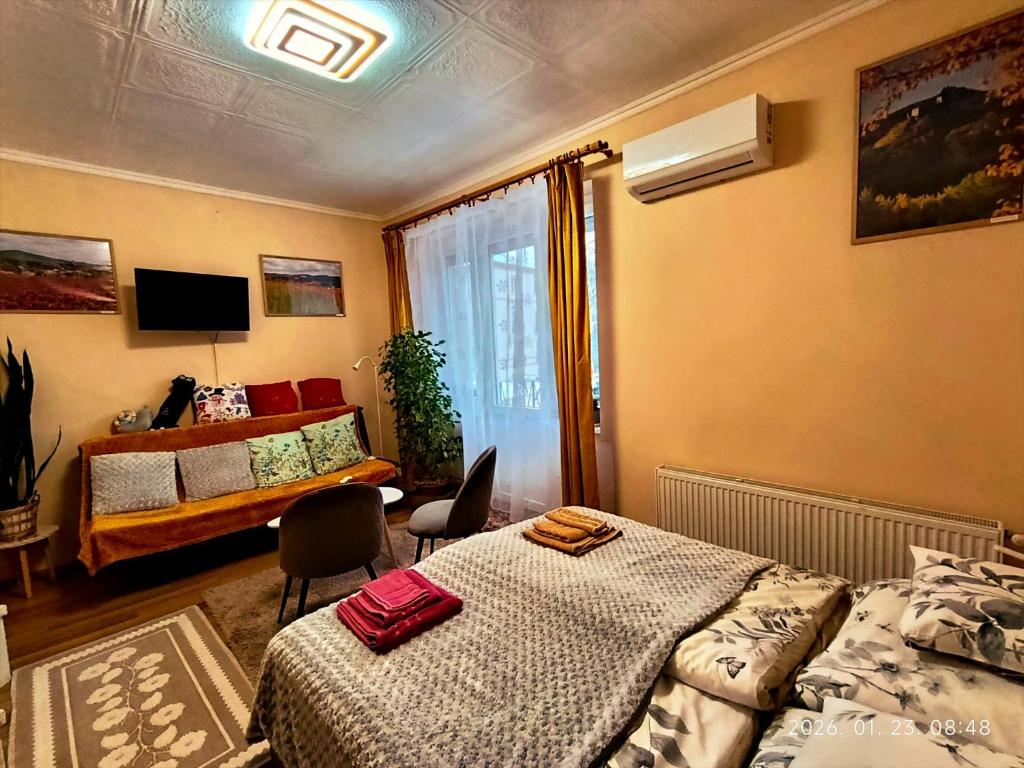 a bedroom with a bed and a window at Karancs Apartman Salgótarján in Salgótarján
