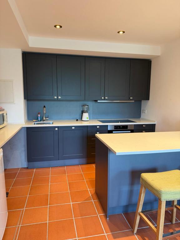 a kitchen with blue cabinets and an orange tile floor at Scheune B7 in Düsseldorf