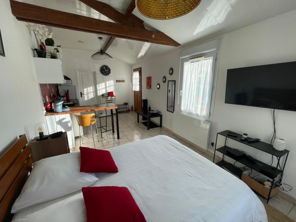 a bedroom with a large bed with red pillows on it at L'Opaline-Maisonnette 28m2 grand confort avec jardin-tout inclus in Tully