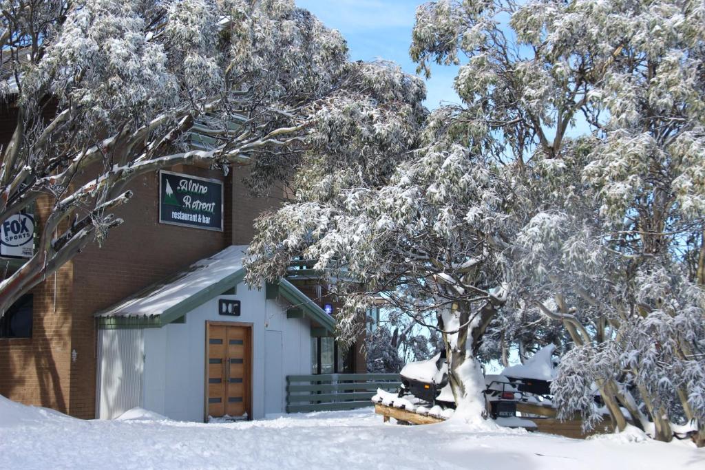 a snow covered tree in front of a building at Alpine Retreat Mt Buller in Mount Buller