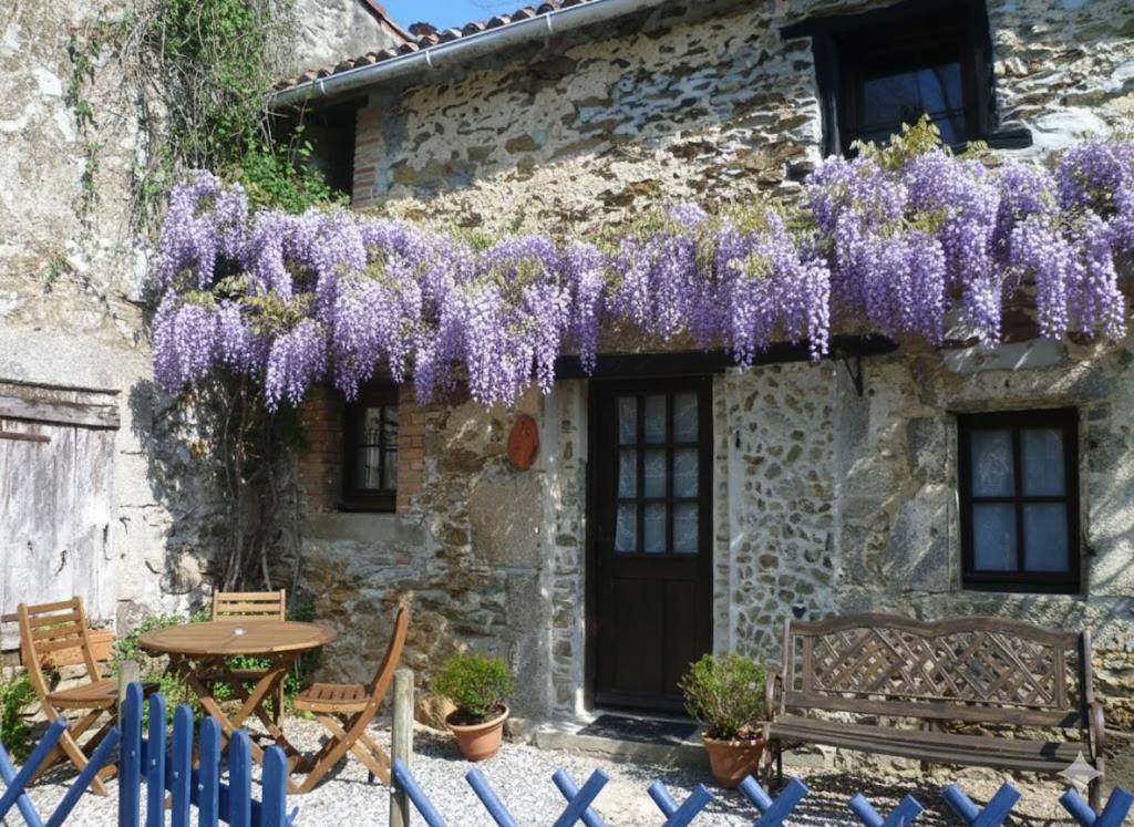 a house with purple wisteria hanging from the side of it at Les Glycines Gîtes - Les Petites Pierres gîte - shared solar heated pool - garden spa - small dogs welcome in Vernoux-en-Gâtine