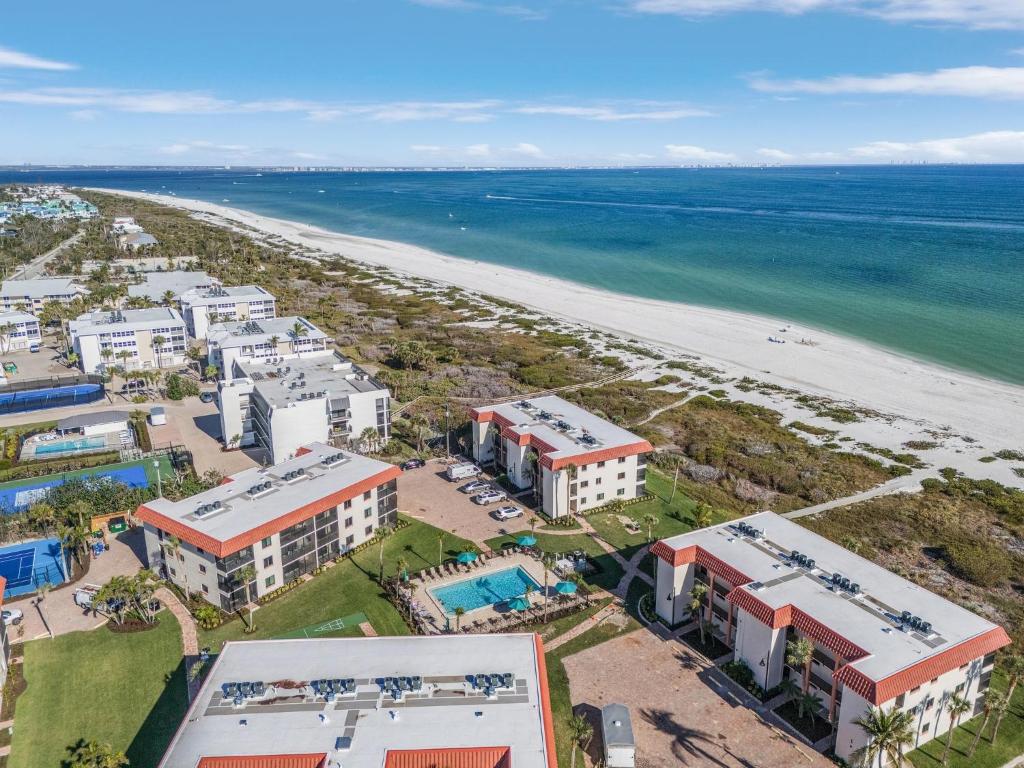 an aerial view of the beach and buildings at Sandalfoot 5D3 - Oceanfront Sanibel Condo in Sanibel