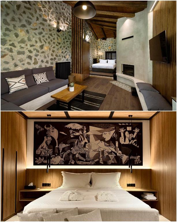 two pictures of a bedroom with a bed and a living room at Bocca al Lupo Villas in Kato Loutraki