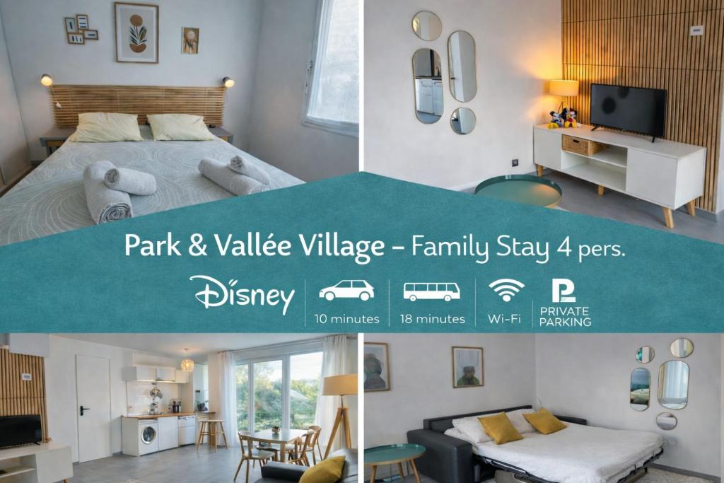 a collage of photos of a bedroom and a living room at Disney & Family Shopping, 10 minutes Disneyland! in Serris