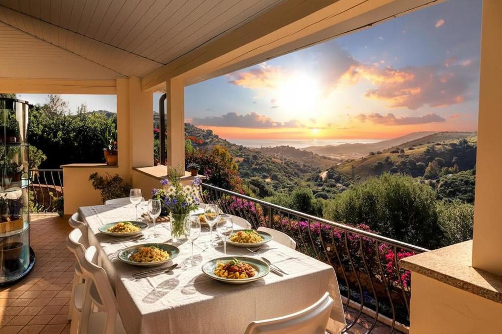 a table with plates of food on a balcony with a view at Villa Terrazza sul Mare in Budoni