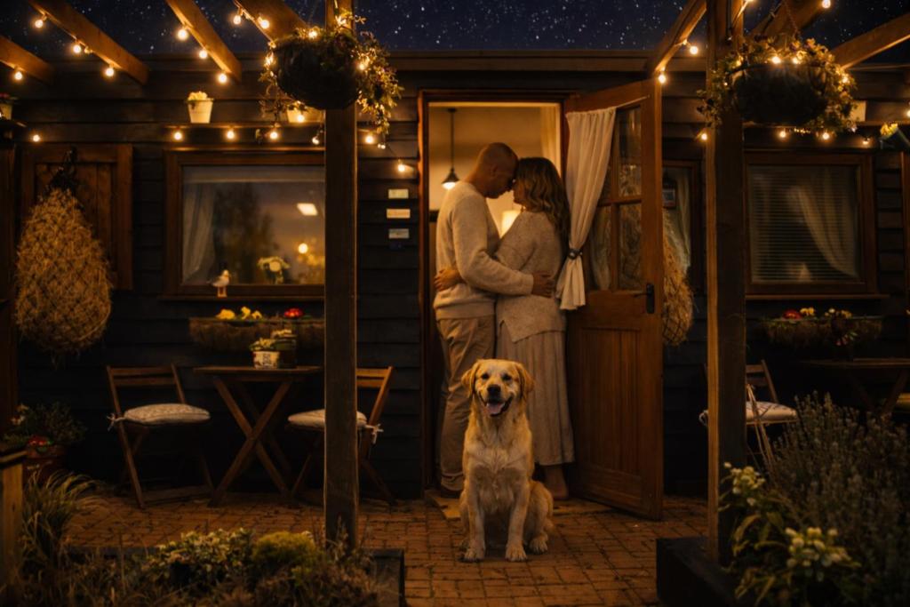 a bride and groom kissing in front of a door with a dog at Norfolk Farm Stays by Beach Dog Friendly in Heacham