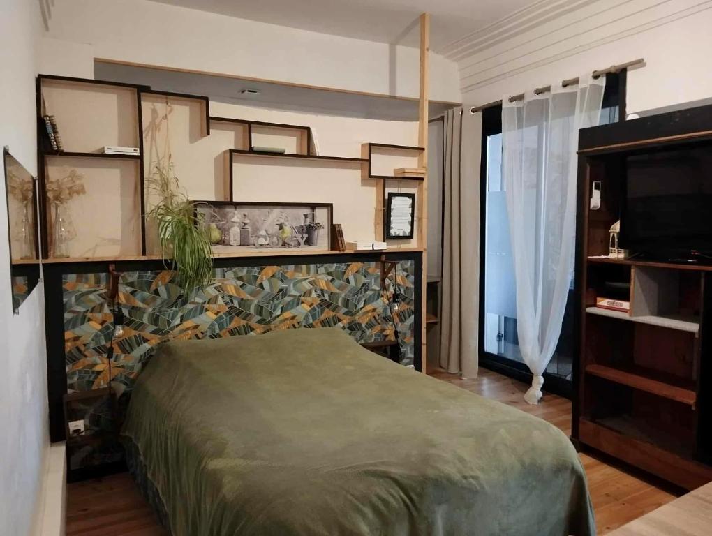 a bedroom with a bed and a tv in a room at La Dolce Vita Studio indépendant avec terrasse in Vals-les-Bains