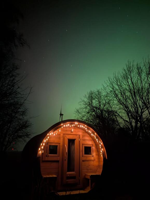 a small house with lights around the door at night at Der Apfel in Holtgast